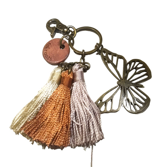 Sakroot Keychain Purse Clip Butterfly Tassels Brown Rust Cream - Picture 1 of 6